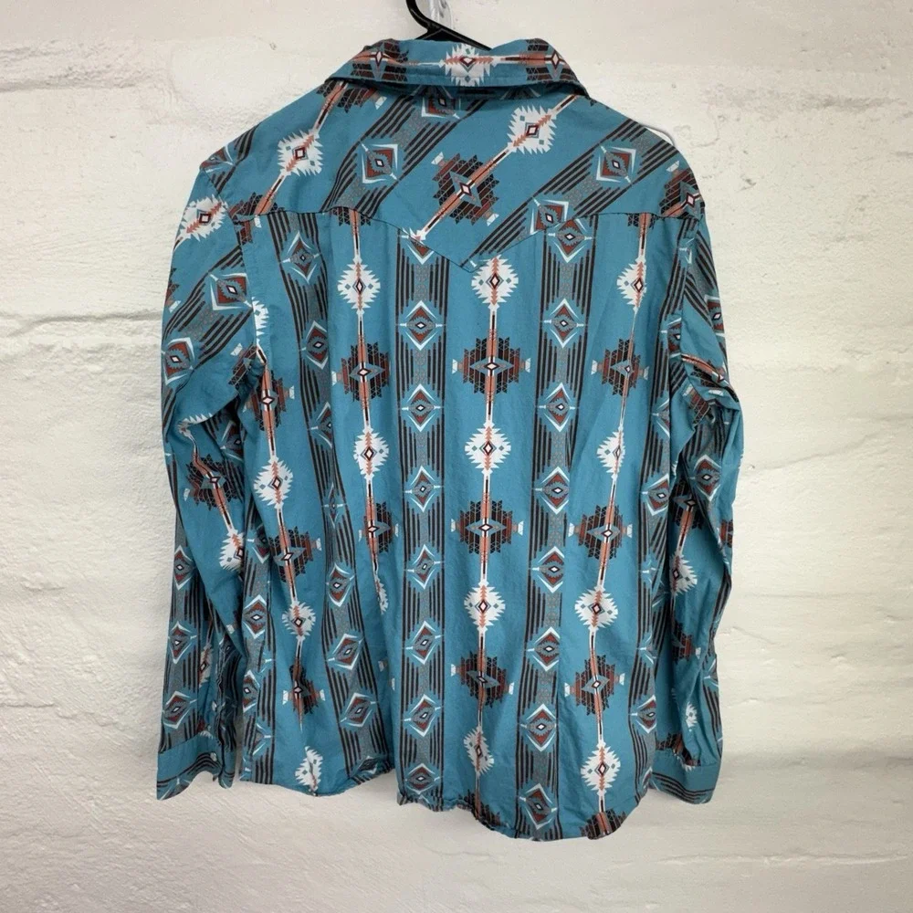 Panhandle Turquoise Shirt Womens Size Lg Blue Turquoise Aztec Pearl Snap Western - Picture 5 of 6